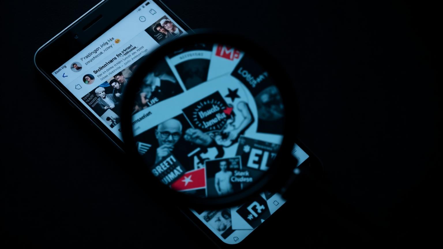 Magnifying glass over swirling social media posts